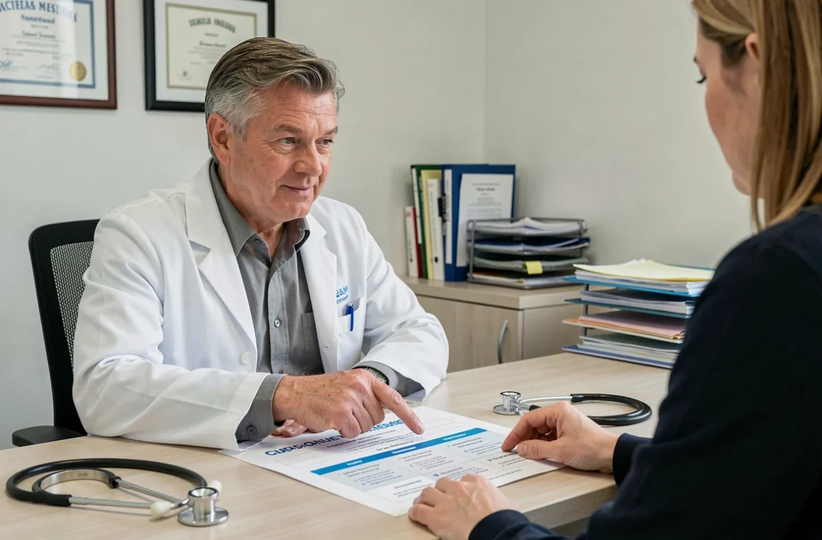 Médecin expliquant les garanties d'une mutuelle santé à un patient dans un cabinet médical