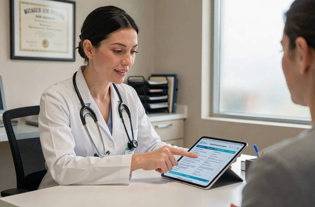 Médecin généraliste expliquant les remboursements de mutuelle santé à une patiente en cabinet