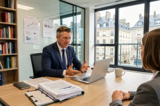 Un conseiller en crédit professionnel discute avec un client autour d'un bureau de travail dans une agence moderne du Nord de la France