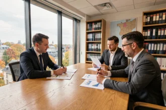 Deux conseillers en gestion de patrimoine en Moselle discutant de stratégies financières autour d'une table de réunion moderne