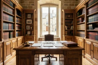 Bureau de notaire traditionnel en Bretagne avec documents officiels, tampon de cire et registres juridiques dans le Morbihan