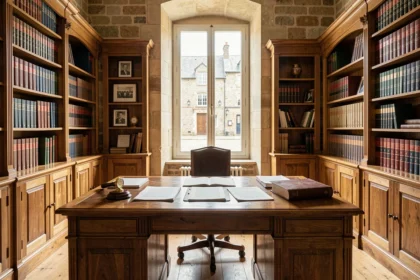 Bureau de notaire traditionnel en Bretagne avec documents officiels, tampon de cire et registres juridiques dans le Morbihan