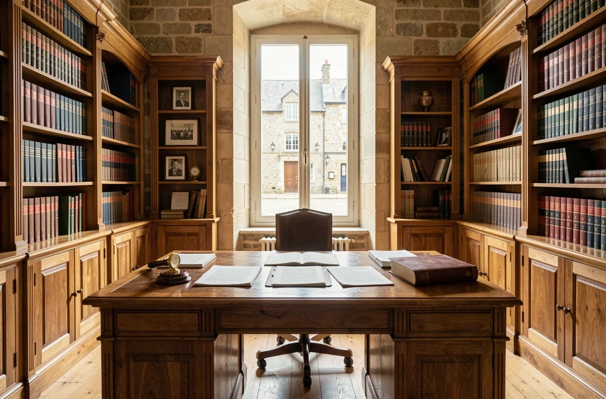 Bureau de notaire traditionnel en Bretagne avec documents officiels, tampon de cire et registres juridiques dans le Morbihan