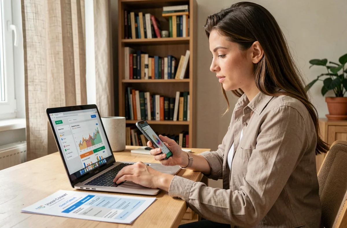 Utilisatrice du service hybride Meilleurtaux comparant des offres d'assurance emprunteur en ligne depuis son domicile et en agence