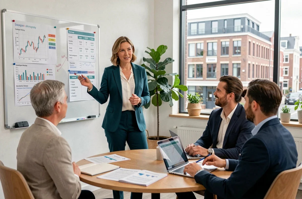 Une conseillère de Meilleurtaux Lille présente des options de crédit professionnel et d'accompagnement global à des clients dans une salle de réunion moderne
