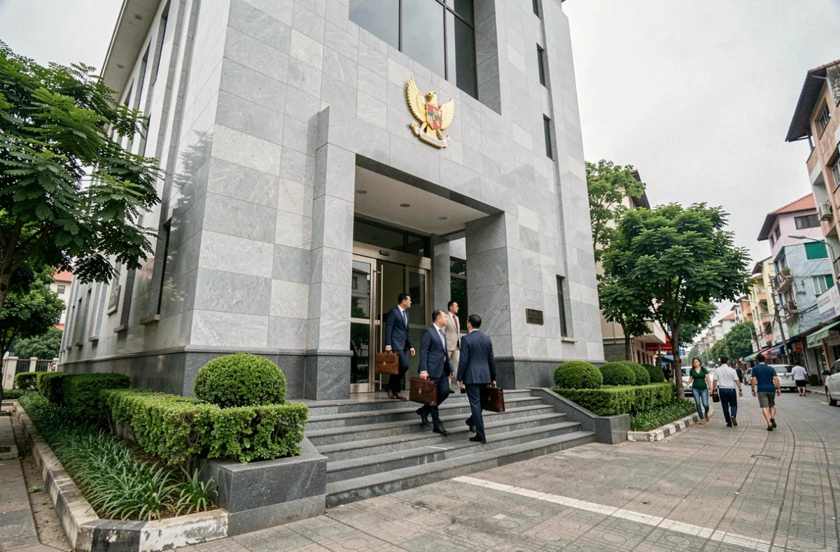 Façade d'un ministère des finances d'un pays sans dette publique avec des fonctionnaires en entrée