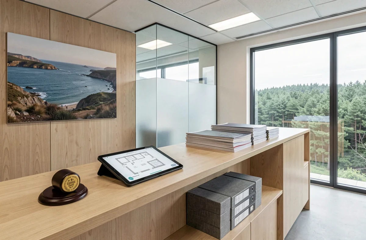 Réception moderne de l'office notarial de Guidel avec tampon notarial, tablette numérique et vue sur la forêt