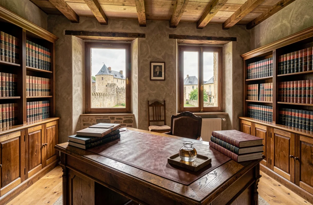 Intérieur de l'office notarial d'Hennebont avec bureau en chêne ancien et vue sur les remparts médiévaux