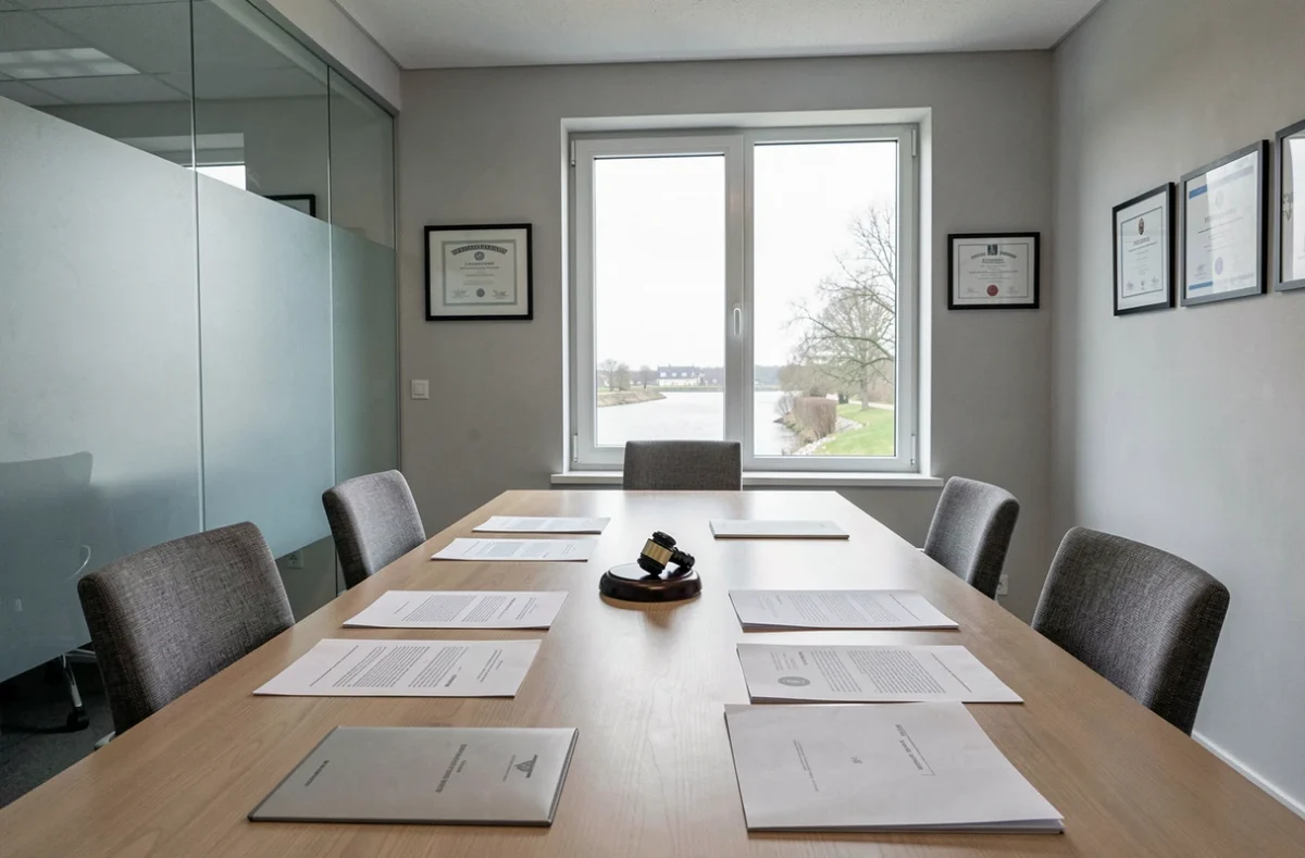 Salle de réunion de l'office notarial de Lanester avec table de conférence, documents officiels et vue sur le Blavet