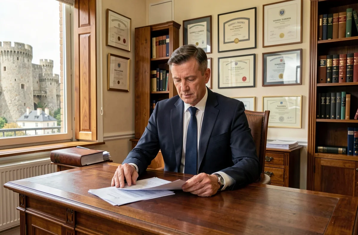 Notaire homme en costume marine à son bureau dans l'office notarial Laurent Kermagoret à Vannes