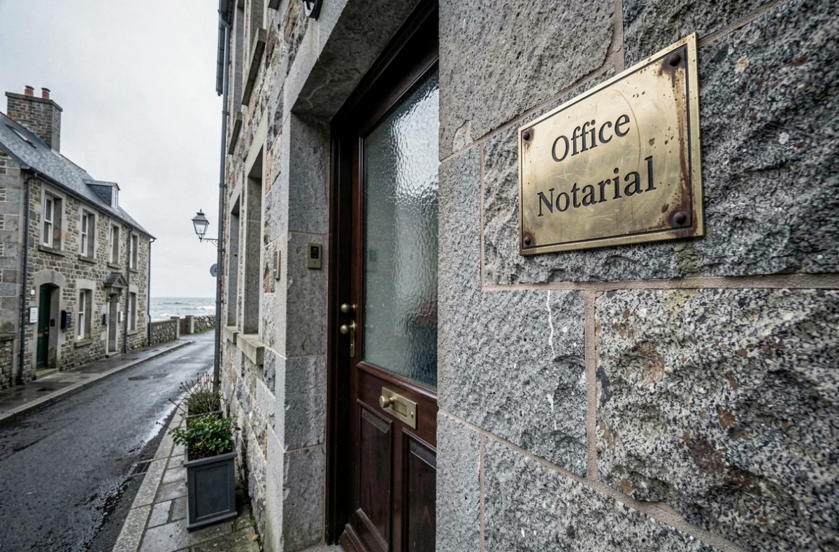 Façade de l'office notarial de Quiberon avec plaque en laiton sur mur en pierre de granit breton