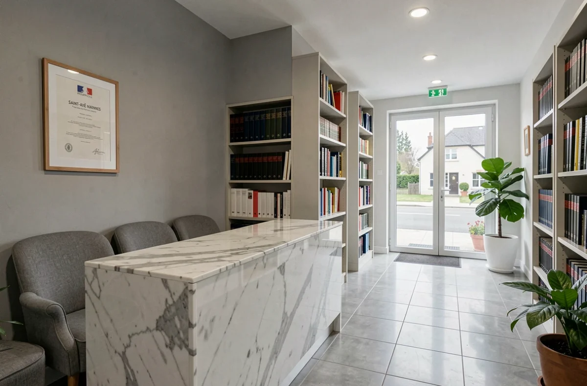 Hall d'entrée de l'office notarial de Saint-Avé avec comptoir en marbre, salle d'attente et couloir de livres juridiques