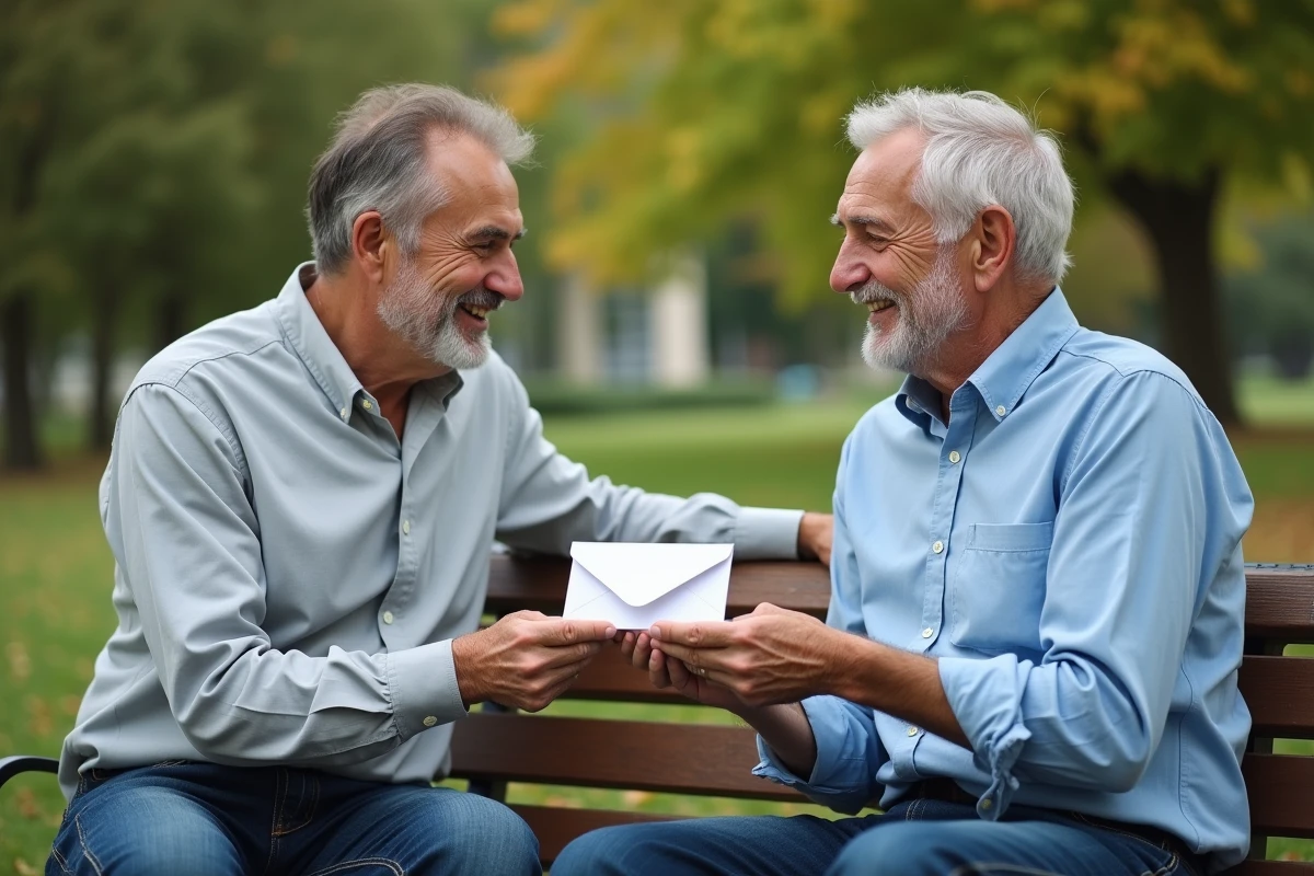 Un homme offre une carte à un ami dans un parc verdoyant