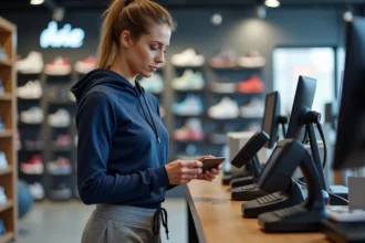 Femme payant avec une carte bancaire à la caisse d'un magasin Intersport, choisissant entre paiement en plusieurs fois et crédit classique
