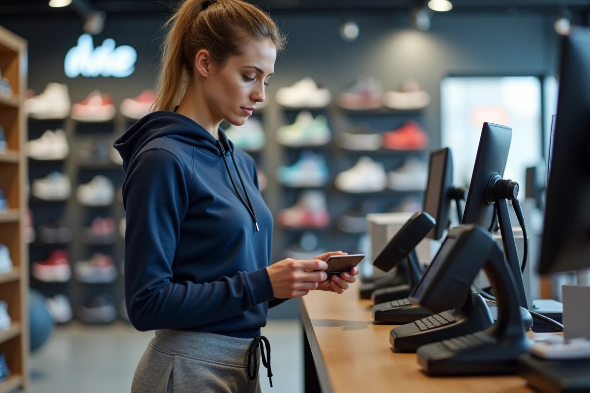 Femme payant avec une carte bancaire à la caisse d'un magasin Intersport, choisissant entre paiement en plusieurs fois et crédit classique