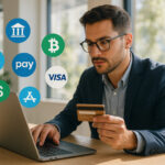 Photo hyperrealiste d'un professionnel effectuant un paiement en ligne sur un ordinateur dans un espace lumineux