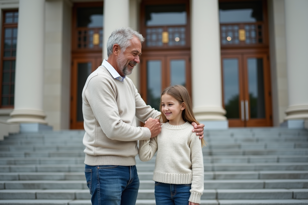 Père souriant avec sa fille devant un bâtiment officiel