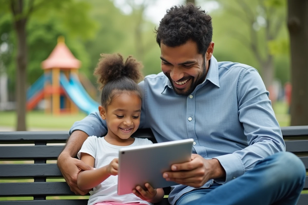 Père et fille réservant des billets de zoo en extérieur