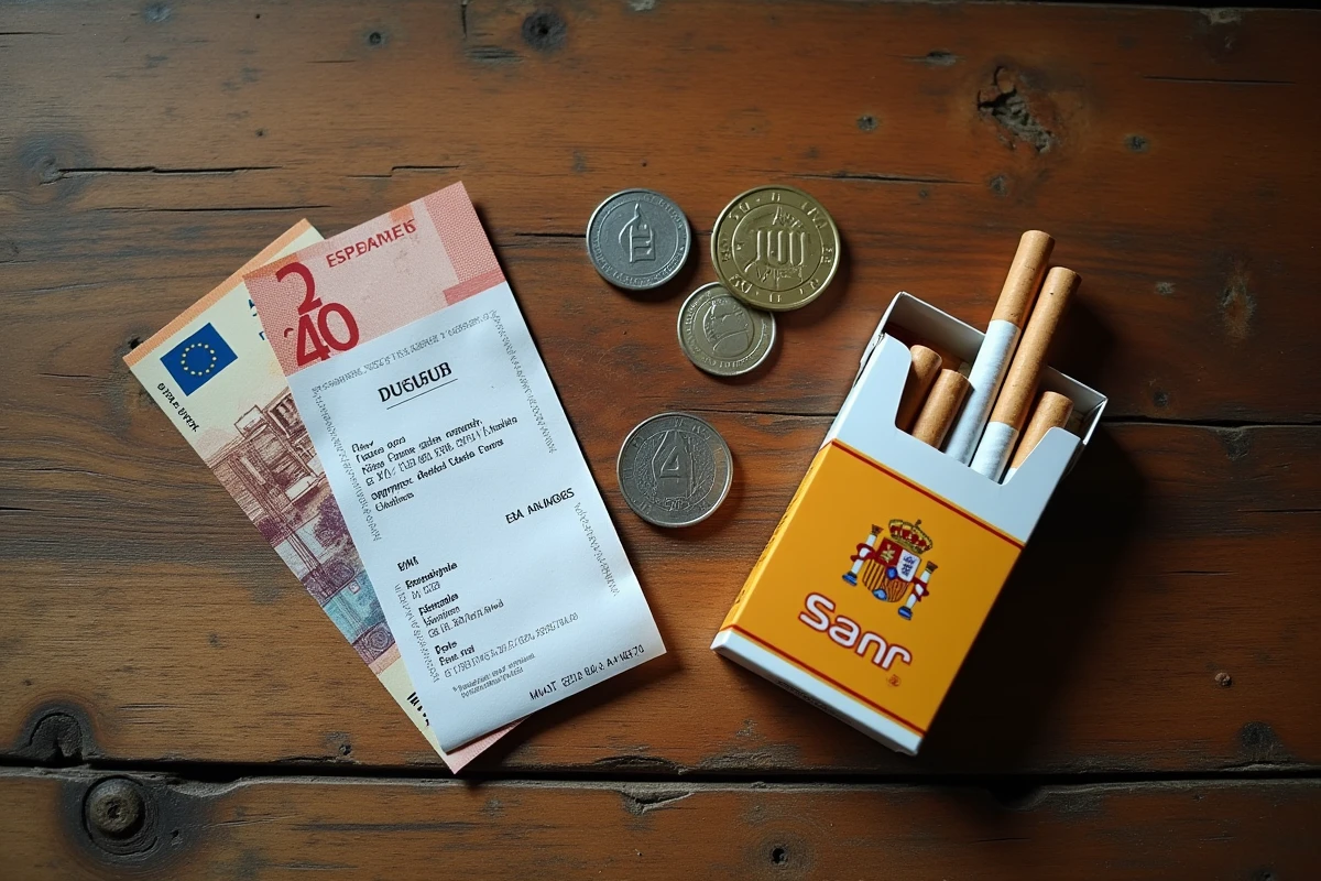 Paquet de cigarettes espagnoles posé sur une table avec des euros illustrant le coût du tabac en Espagne