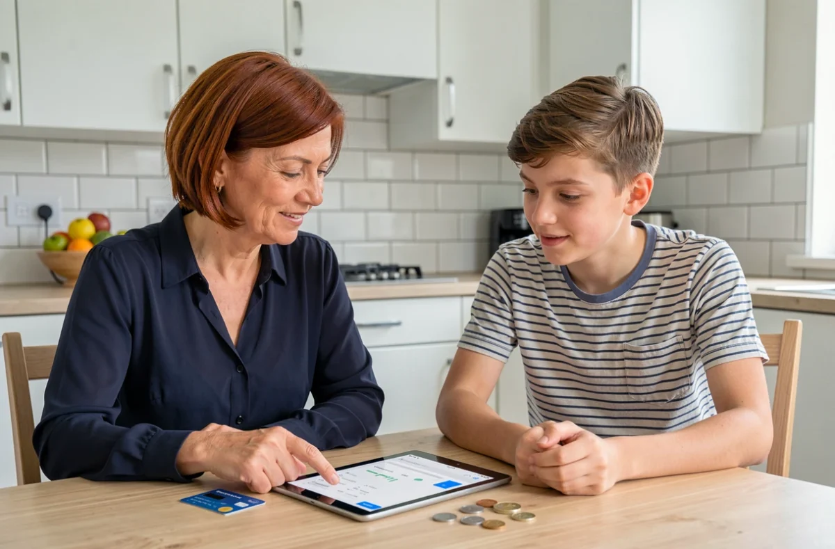 Parent et adolescent consultant ensemble les limites et le prix de la carte Pixpay à la maison