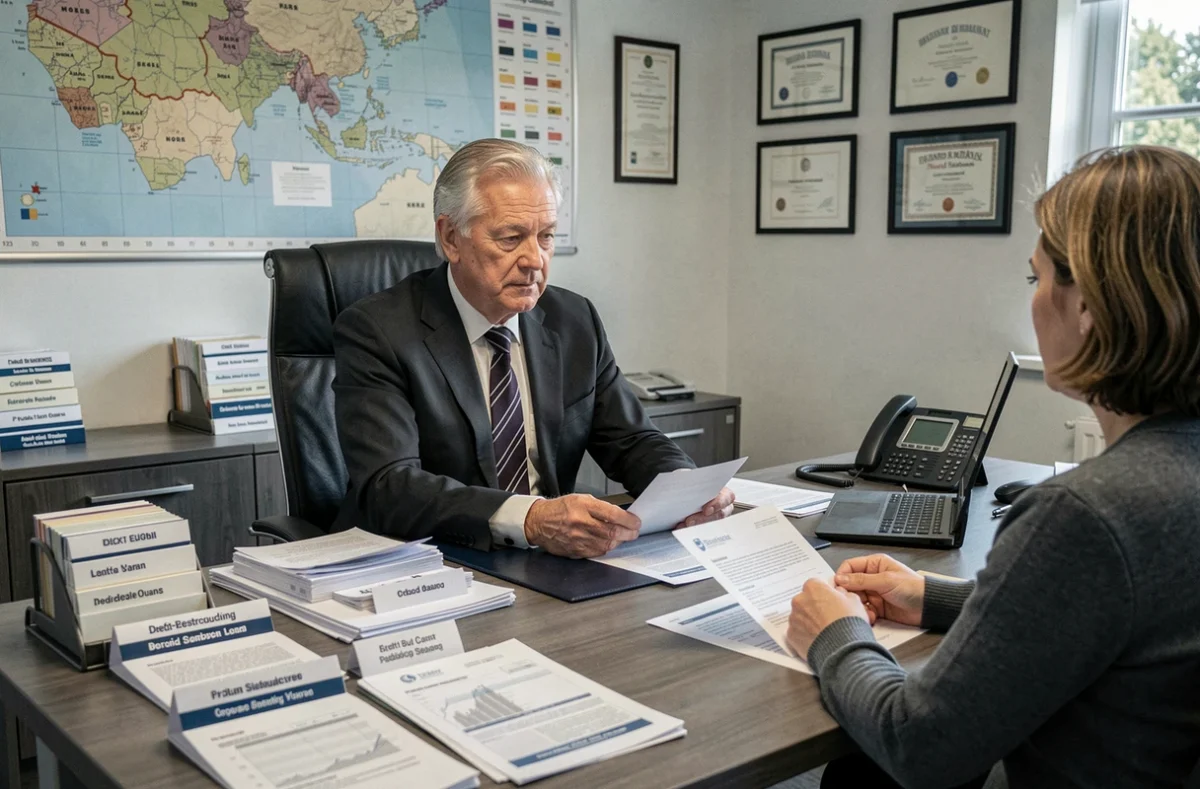 Un conseiller de Partner Finances via CreditBest examine des dossiers de rachat de crédits professionnels avec des clients dans une agence du Nord