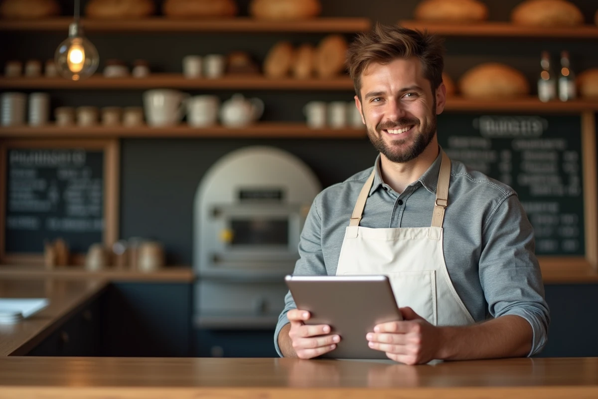 Patron de boulangerie artisanale consultant une application de gestion budgétaire pour anticiper le SMIC 2026
