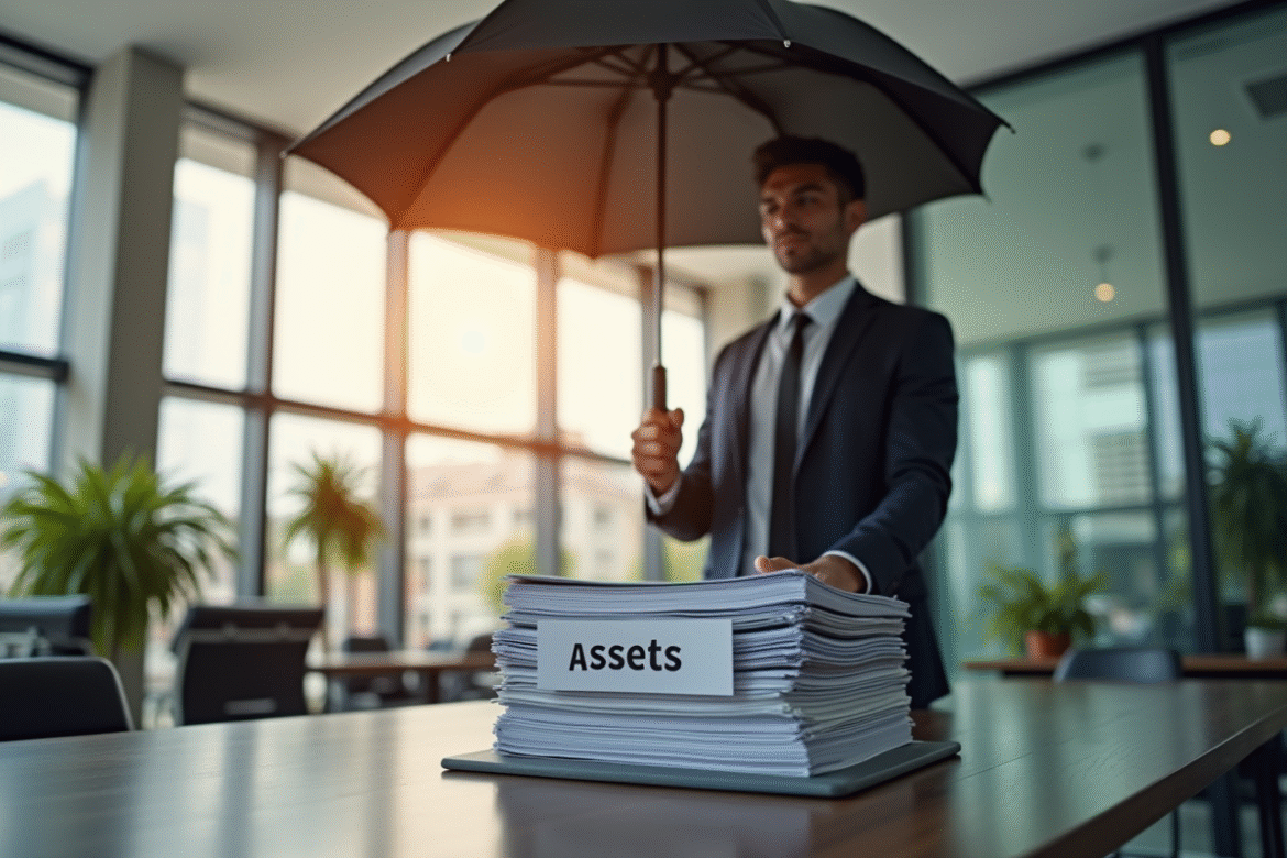 Personne d'affaires confiante tenant un parapluie sur des documents
