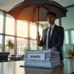 Personne d'affaires confiante tenant un parapluie sur des documents