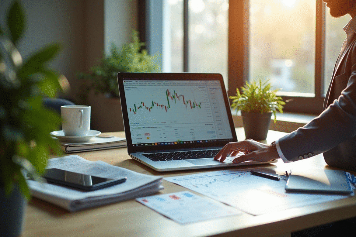 Personne confiante analysant des graphiques boursiers sur un ordinateur
