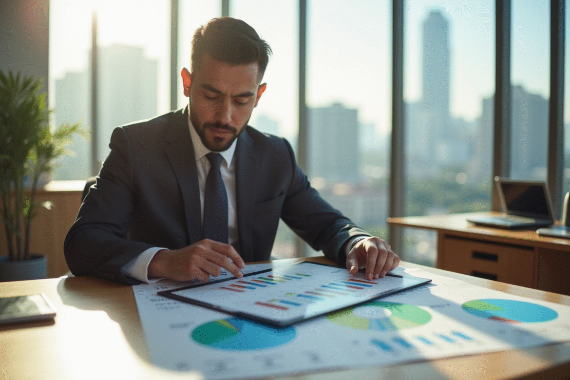 Personne en costume dans un bureau moderne examine des graphiques financiers