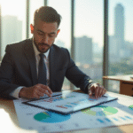 Personne en costume dans un bureau moderne examine des graphiques financiers
