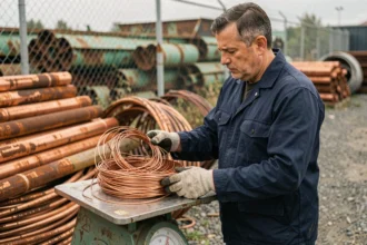 Ouvrier pesant des câbles en cuivre sur une balance dans un centre de recyclage en France