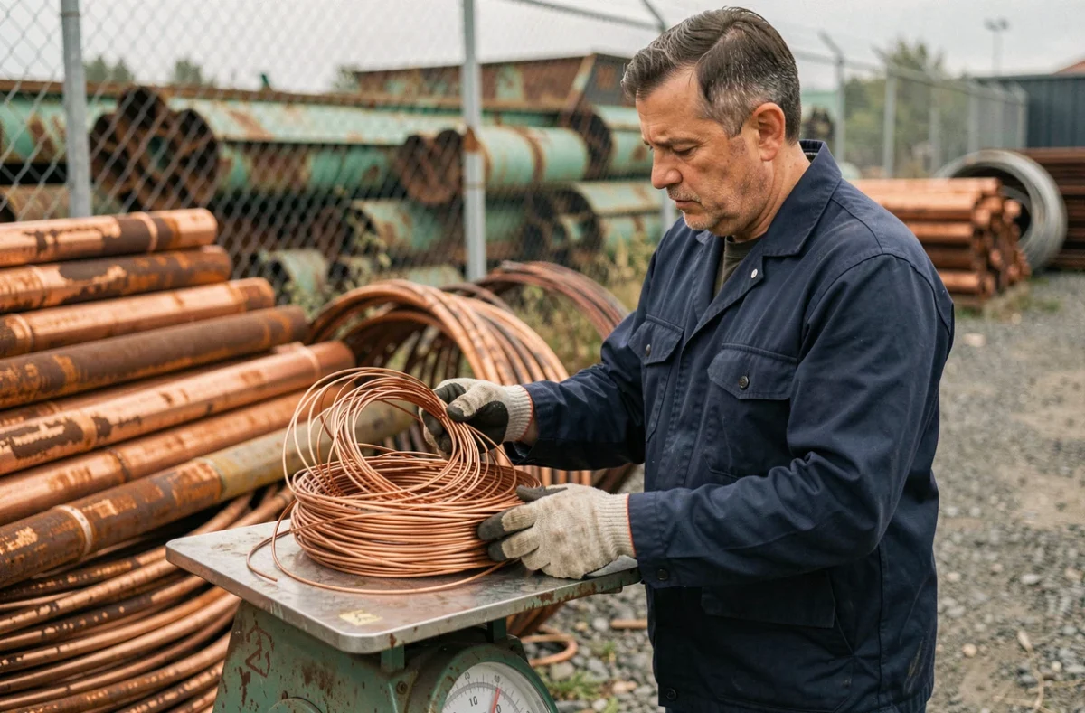 Ouvrier pesant des câbles en cuivre sur une balance dans un centre de recyclage en France