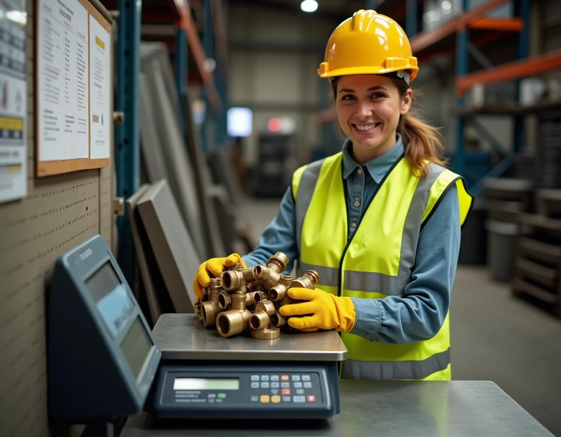 Employée de déchetterie pesant des pièces en laiton sur balance industrielle pour estimer le prix au kilo