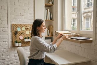 Femme travaillant dans un petit bureau à domicile bien organisé avec bureau mural et rangements verticaux dans un appartement parisien