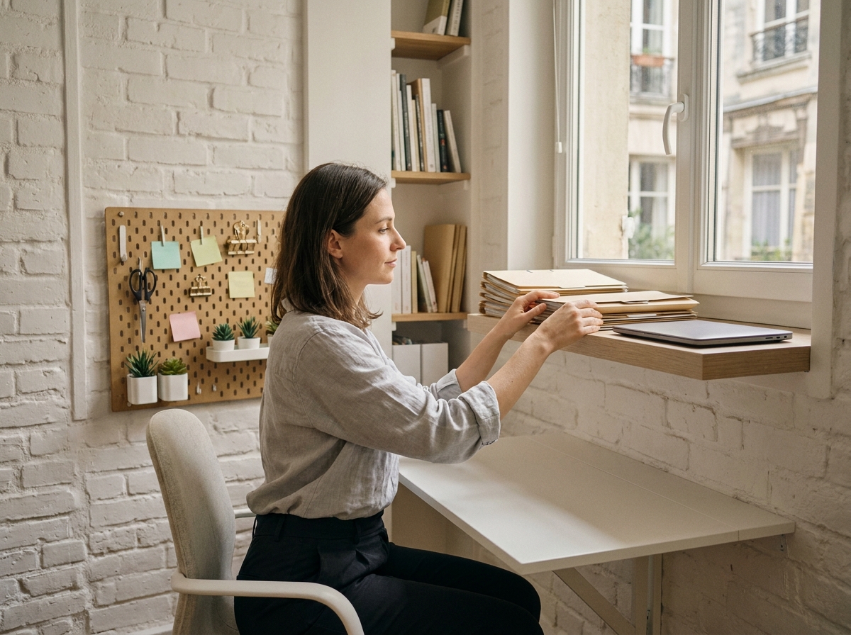 Femme travaillant dans un petit bureau à domicile bien organisé avec bureau mural et rangements verticaux dans un appartement parisien