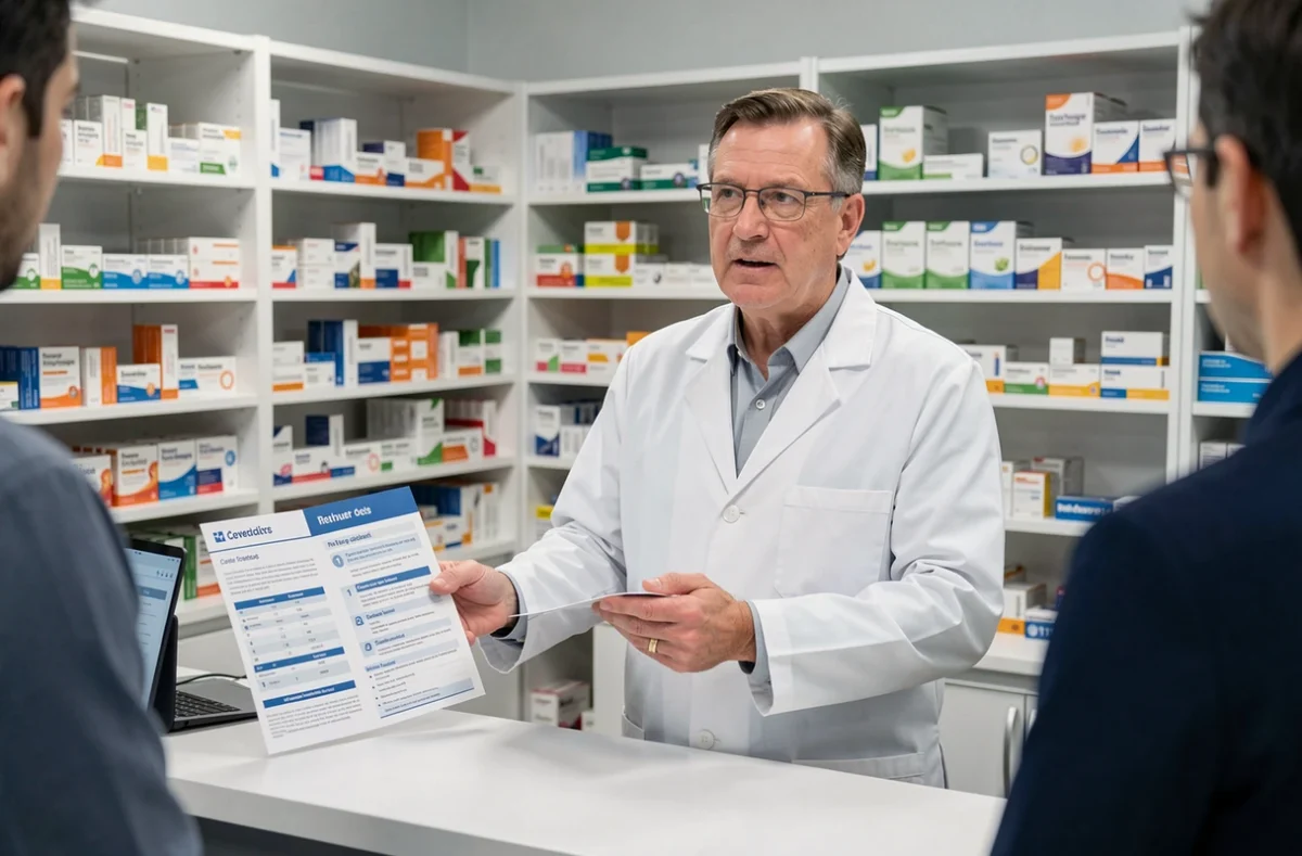 Pharmacien conseillant un client sur les remboursements de mutuelle santé en officine