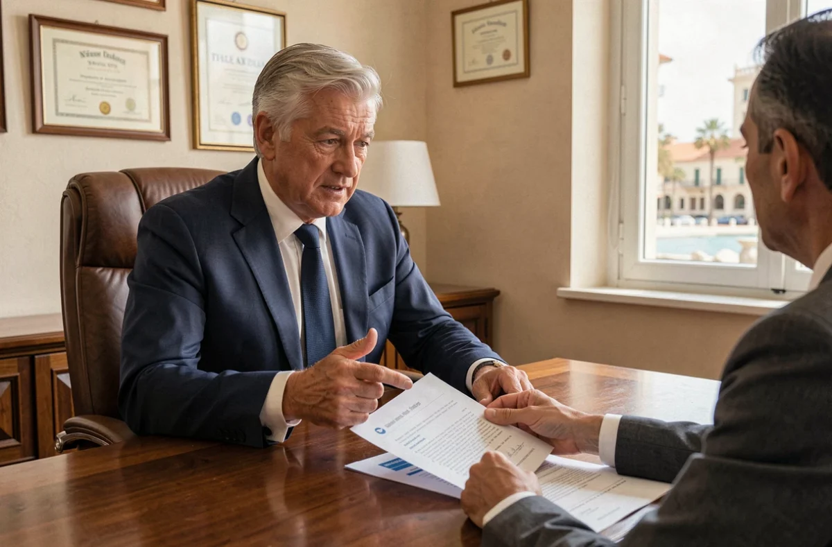 Philippe Wernert, conseiller en assurance indépendant à Nice, présentant un contrat d'assurance emprunteur à un client dans son bureau
