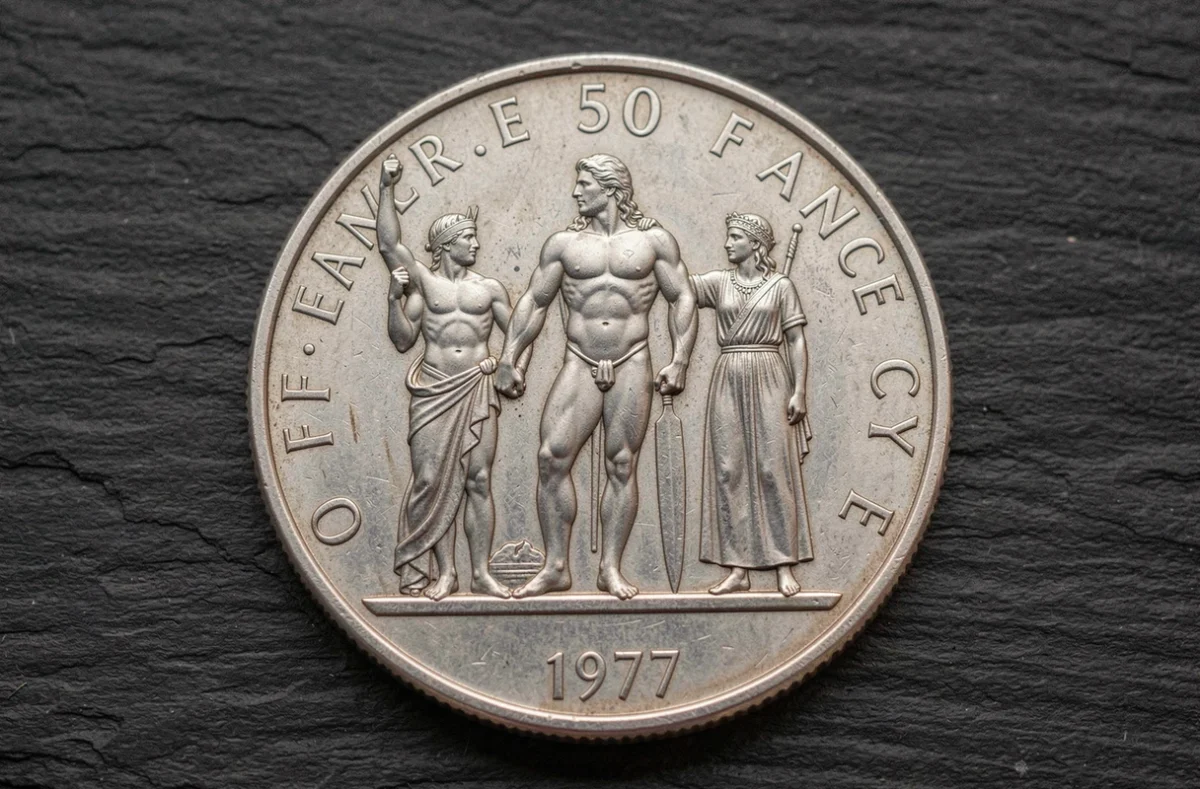Gros plan macro d'une pièce authentique en argent 50 Francs 1977 montrant les détails du relief Hercule sur fond ardoise sombre