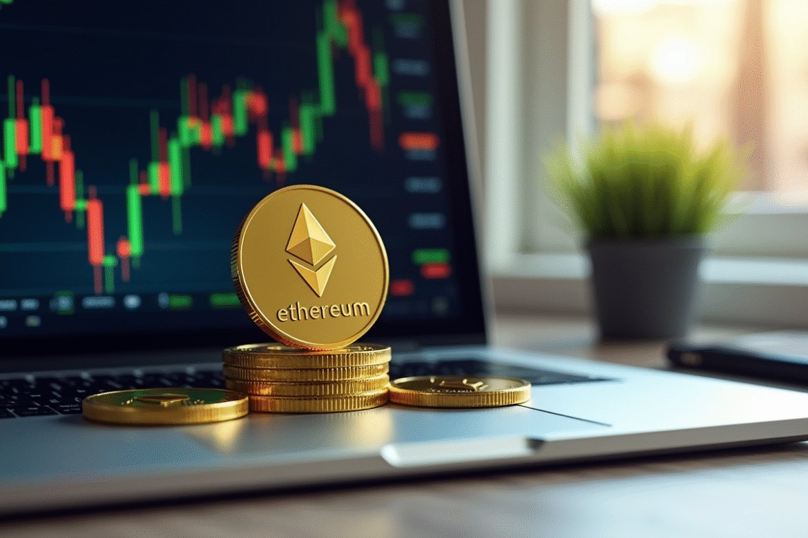 Pièces d Ethereum sur un clavier d ordinateur lumineux