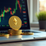 Pièces d Ethereum sur un clavier d ordinateur lumineux