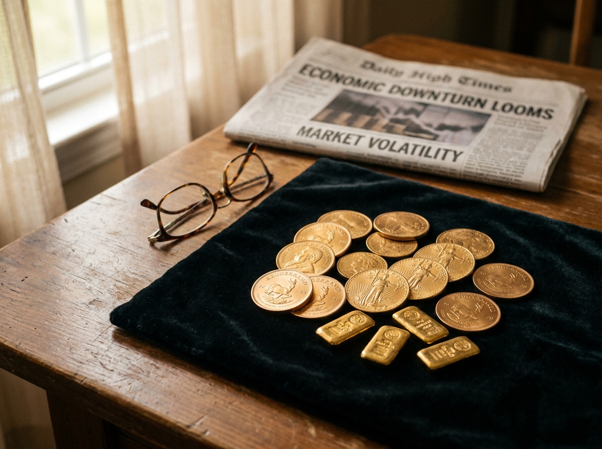 Pièces et lingots d'or disposés sur velours sombre avec journal économique en arrière-plan, représentant l'or comme valeur refuge pour les épargnants