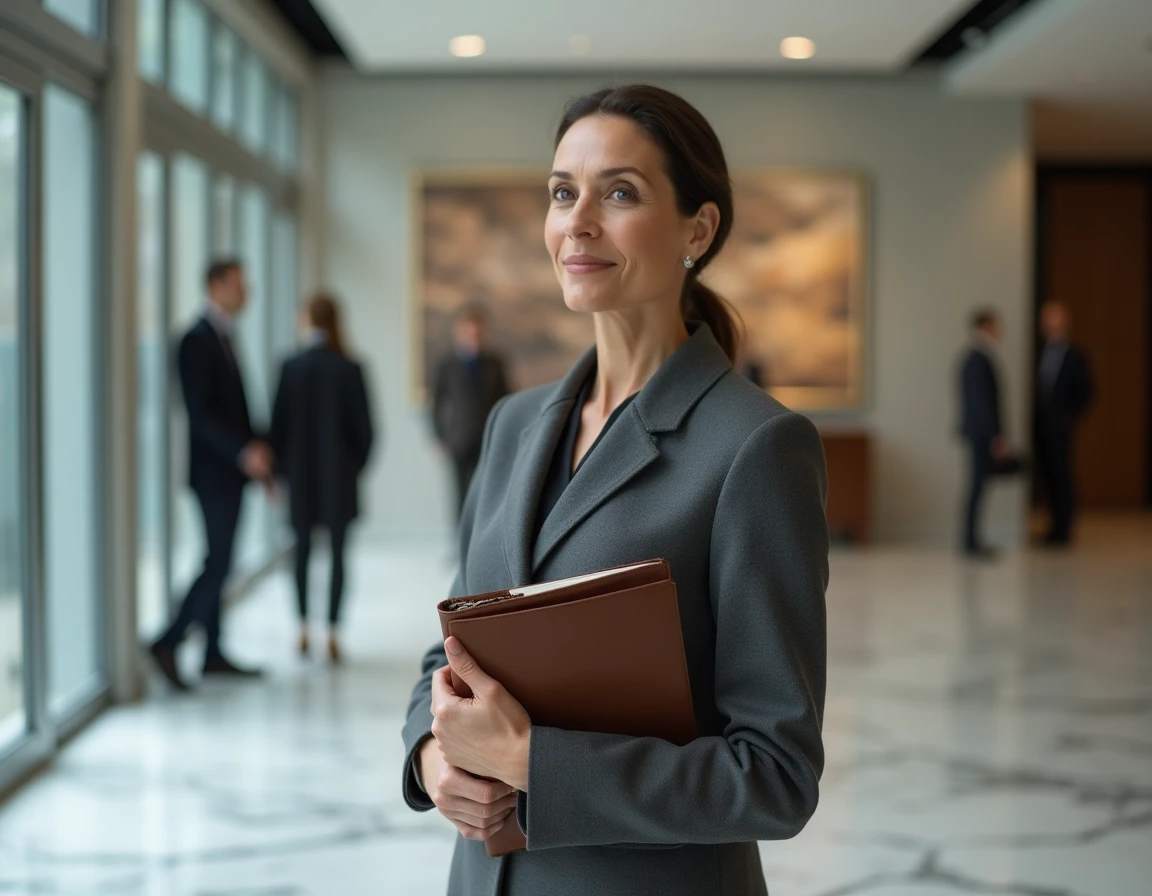 Femme professionnelle dans un hall d'immeuble moderne représentant le succès et la carrière d'une présentatrice médiatique française