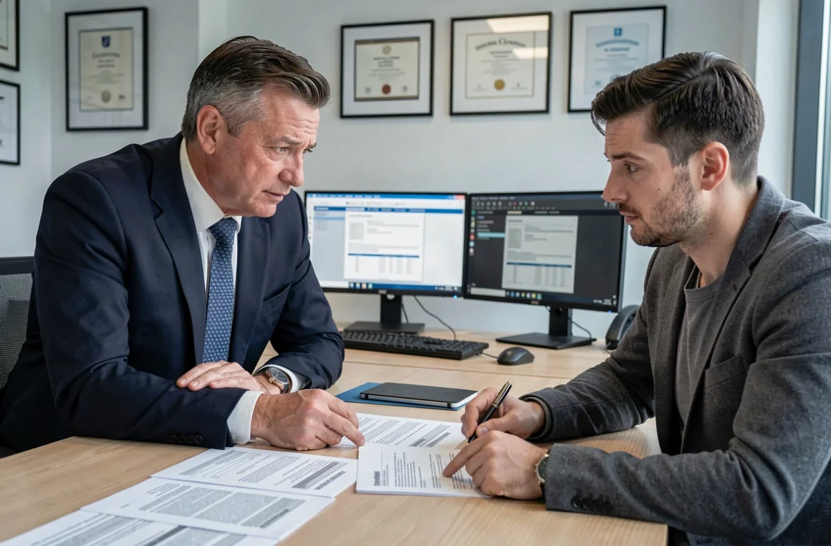 Un courtier de PresseTaux Cambrai examine un contrat de crédit professionnel avec un entrepreneur dans une agence du Cambrésis