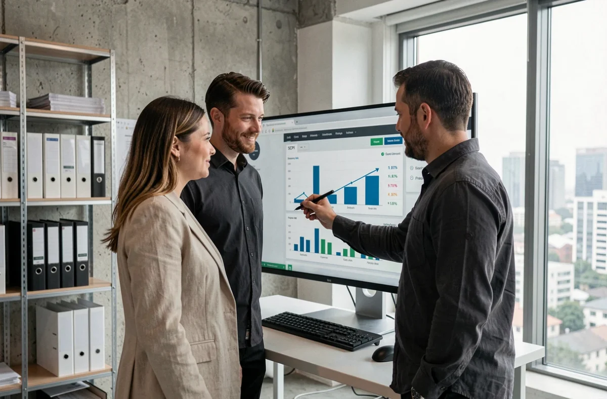 Deux professionnels évaluent ensemble une plateforme SCPI en ligne dans un bureau de startup fintech