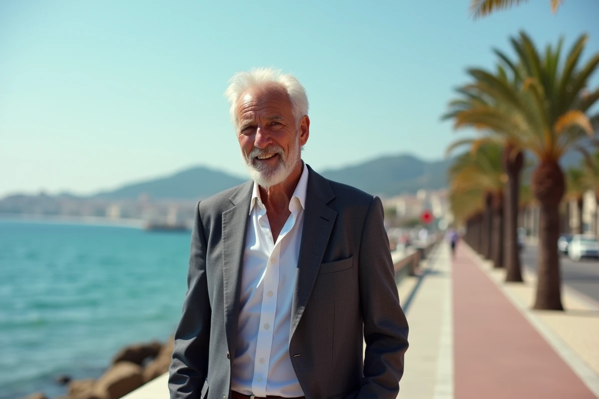 Homme d'âge mûr en veste marchant sur la Promenade des Anglais à Nice avec la mer Méditerranée en arrière-plan