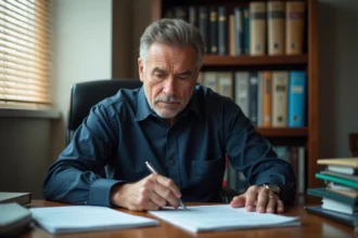 Un homme d'âge mûr examine des documents officiels liés à un rachat de rente accident du travail avant la réforme 2026