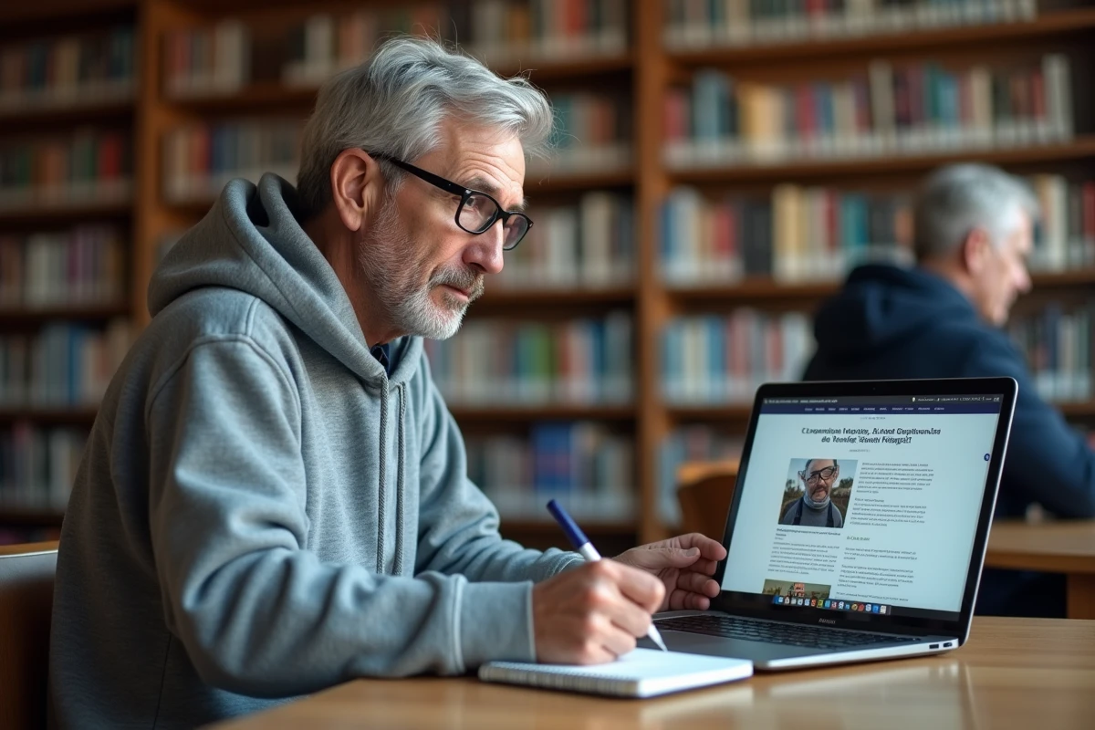 Personne seule effectuant des recherches sur le montant du RSA et sa revalorisation 2026 dans une bibliothèque publique