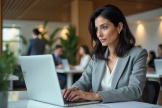 Responsable RH consultant le portail de paie myarkevia.com sur son ordinateur portable dans un bureau moderne