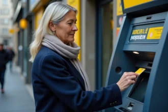Femme effectuant un retrait au distributeur automatique de la Banque Postale dans une rue parisienne